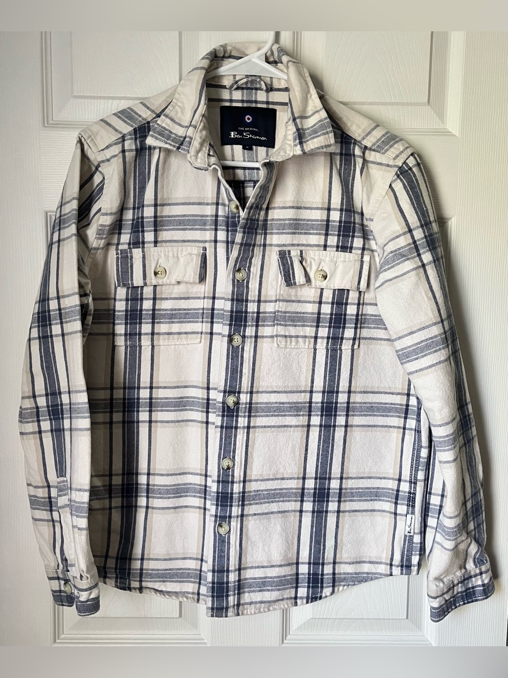 Ben Sherman Cream and Navy Plaid Flannel Button-Down Shirt
